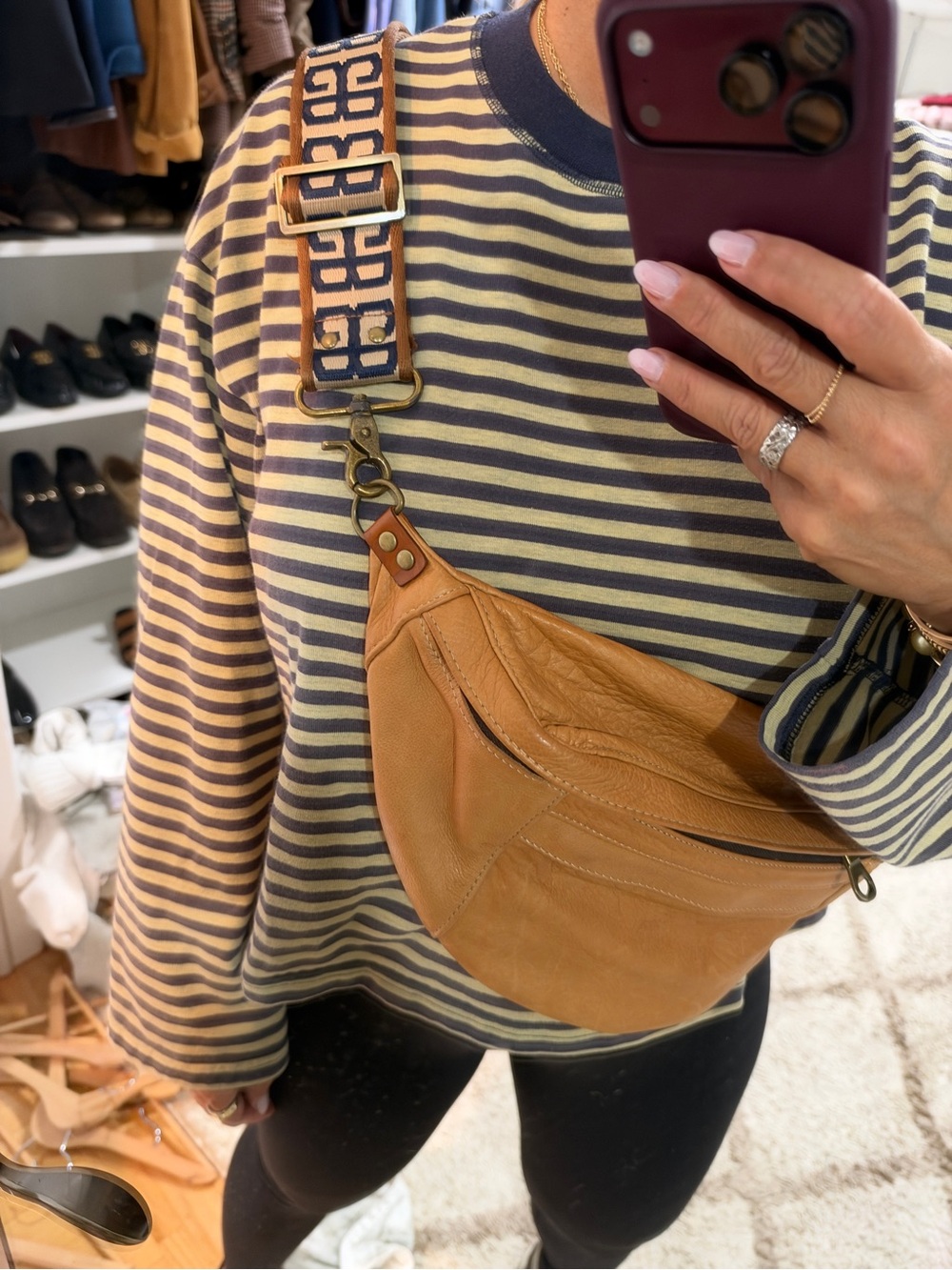 Parker Thatch Cognac Leather Crossbody Sling Bag with Patterned Strap